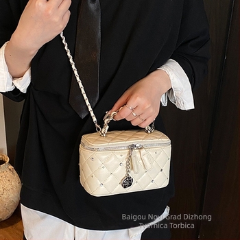 Torba za rame s dijamantnom lancem, mini kvadratni oblik, PU koža, zatvarač, pretinac za ID