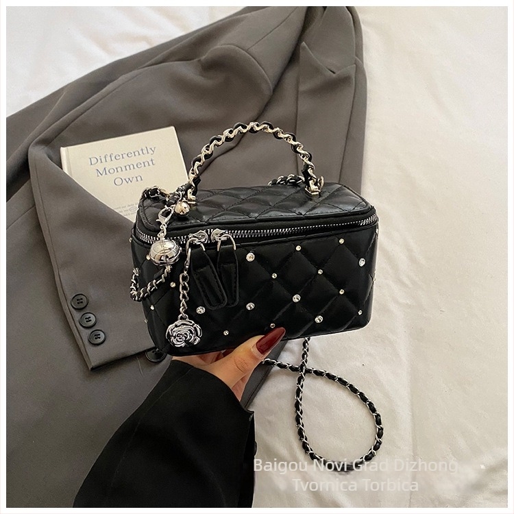 Torba za rame s dijamantnom lancem, mini kvadratni oblik, PU koža, zatvarač, pretinac za ID