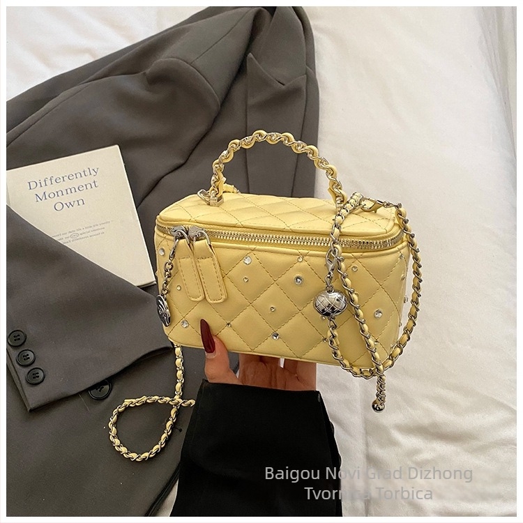 Torba za rame s dijamantnom lancem, mini kvadratni oblik, PU koža, zatvarač, pretinac za ID