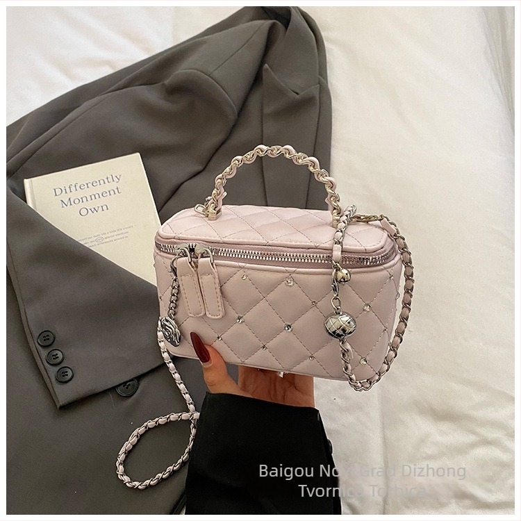 Torba za rame s dijamantnom lancem, mini kvadratni oblik, PU koža, zatvarač, pretinac za ID