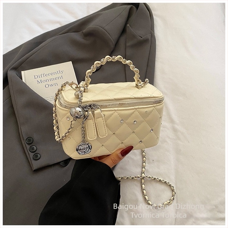 Torba za rame s dijamantnom lancem, mini kvadratni oblik, PU koža, zatvarač, pretinac za ID