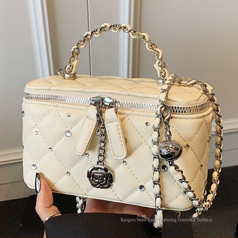 Torba za rame s dijamantnom lancem, mini kvadratni oblik, PU koža, zatvarač, pretinac za ID