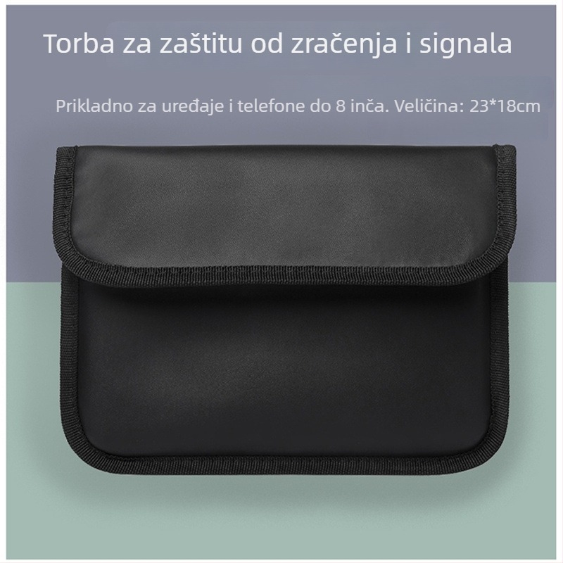 RF zaštitna torba za tablete i telefone, anti-radiacija, višestruka funkcija, anti-lokacija i anti-kradnja; model IPMN-12, PU koža, Velcro zatvaranje, mat završna obrada, unutarnji džep sa zatvaračem.