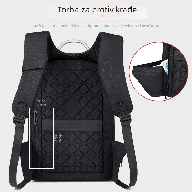 Ruksak s protivkrađnim sustavom, prozračan, vodootporan, otporan na habanje, USB priključak za punjenje; unutarnji džepovi za prijenosno računalo/tablet/iPad