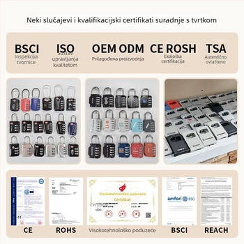 TSA mehanička brava za prtljagu, model TSA-542, cinkova legura, debljina zatvarača 3 mm, razmak šipki 15 mm, lagani luksuz