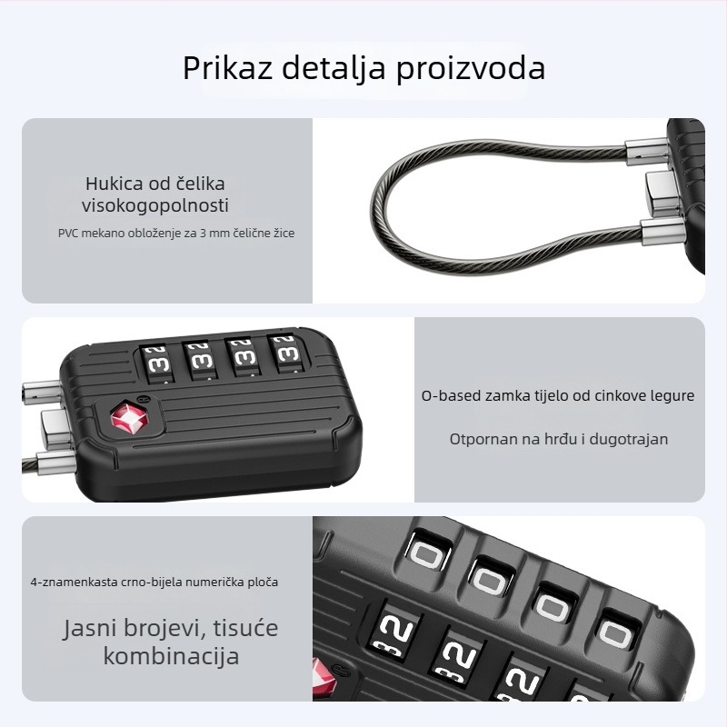 Mehanički brava za prtljagu s četiri znamenke, model TSA 542, tijelo od cinkovog legura, debljina šipke 6 mm, razmak šipki 20 mm