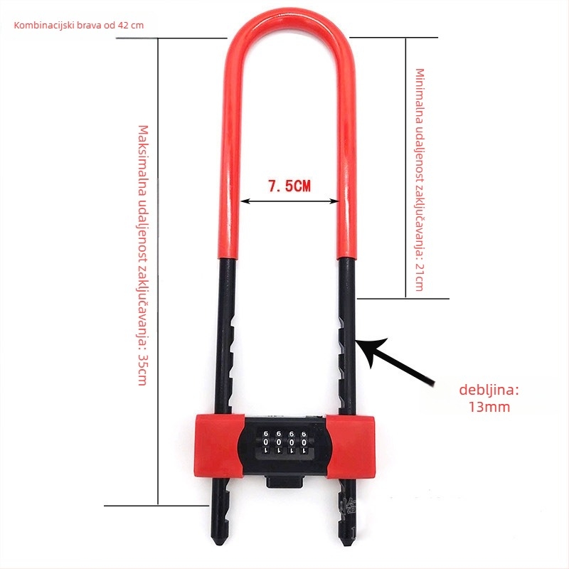 U-oblika zaključavanja s lozinkom za staklena vrata, dvokrilna vrata – strojni tip, model Password mortise lock 42, 13 mm debljina brave, 72 mm razmak, materijal cinkova legura+PVC