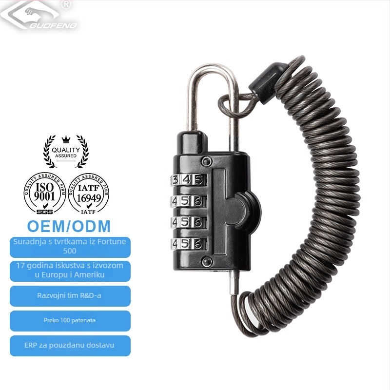 Katanac s lozinkom za električni bicikl, kabel za sigurnost, model GF-K758; Materijal: cink lega i nehrđajući čelik 304/316; Debljina šipke zaključavanja 3,5 mm; Razmak šipki 30 mm; Tip: katanac s lozinkom