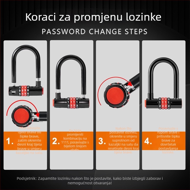 U-oblik brave s zaštitnim kodom protiv krađe, dvostruki zasun, tijelo od legure, model UC, za staklena vrata, trgovinske prostore i bicikle