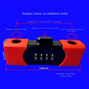 Zatvarač s lozinkom za staklena vrata, mehanički, tvrdi PC materijal, unutarnja širina 90 mm, pogodan za vitrine i klizna vrata