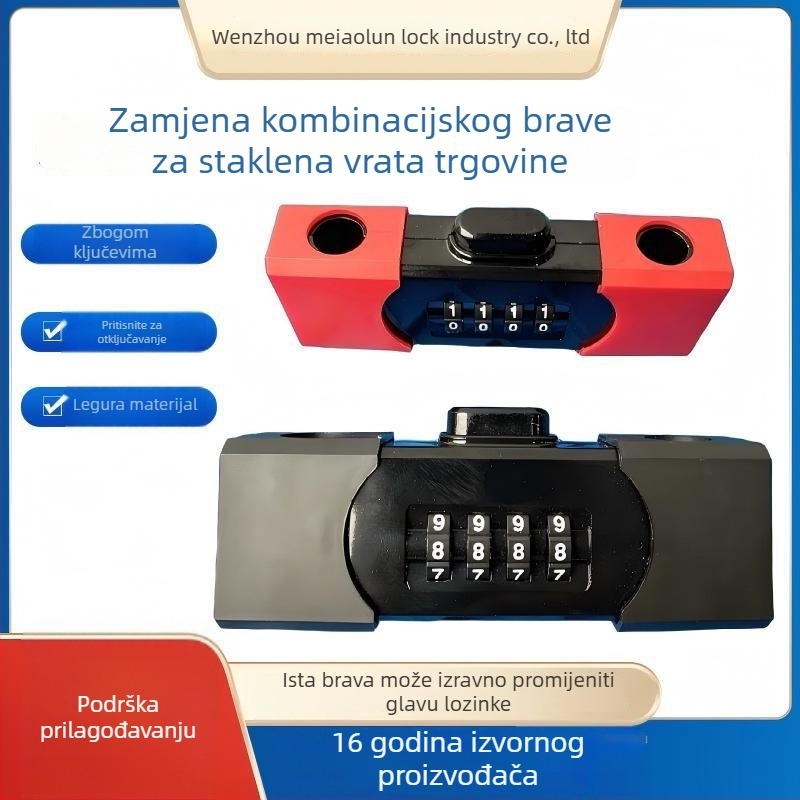 Zatvarač s lozinkom za staklena vrata, mehanički, tvrdi PC materijal, unutarnja širina 90 mm, pogodan za vitrine i klizna vrata
