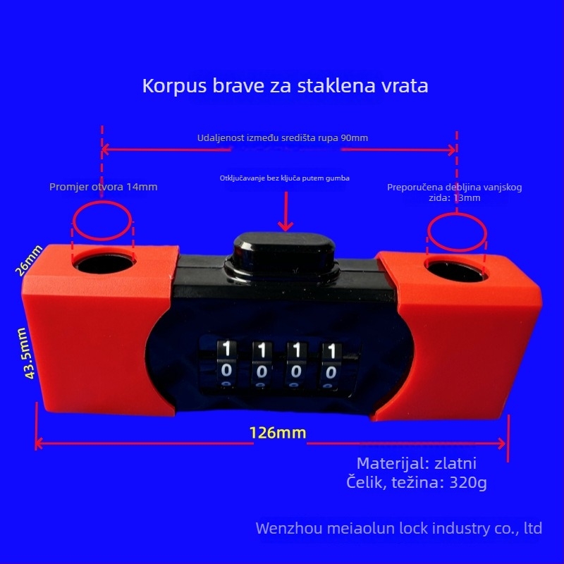 Zatvarač s lozinkom za staklena vrata, mehanički, tvrdi PC materijal, unutarnja širina 90 mm, pogodan za vitrine i klizna vrata