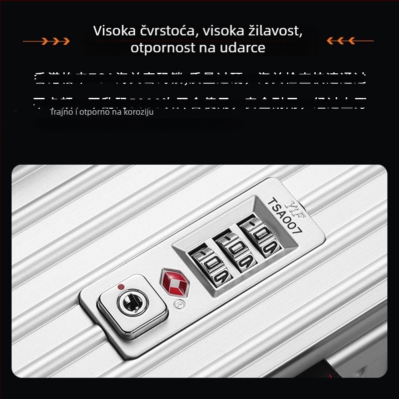 Čvrsti kofer od aluminijsko-magnijevog legura sa bočnim otvaranjem, TSA zaključavanje, unutarnja pretinica za prijenosno računalo i univerzalni kotači.