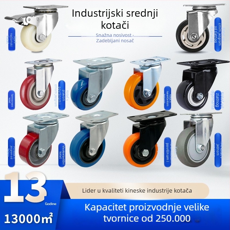 Industrijski srednje veličine okretni kotači s dvostrukim ležajem, otporni na habanje, s kočnicom za police i kolica, 3, 4 i 5 inča