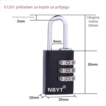 NBYT aluminijska mehanička šifra za torbe, model E1201; debljina šipke 3, razmak šipki 9