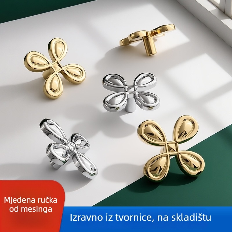 Ručka za namještaj s motivom četverolistne djeteline, kovana mesing, francuskog stila, za ormariće i ladice