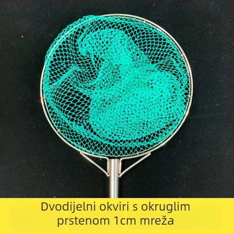 Torba za ribolov od nehrđajućeg čelika s dvostrukim unutarnjim prstenovima, mreža od 9 niti s malim otvorima, duga drška s protukliznim držačem