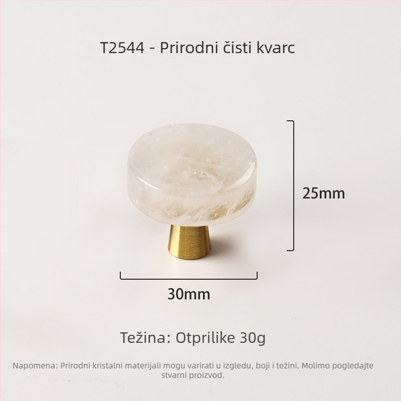 Ručka za vrata ormarića, okrugla, mesing+krystal, moderni minimalistički stil, montaža jednim otvorom