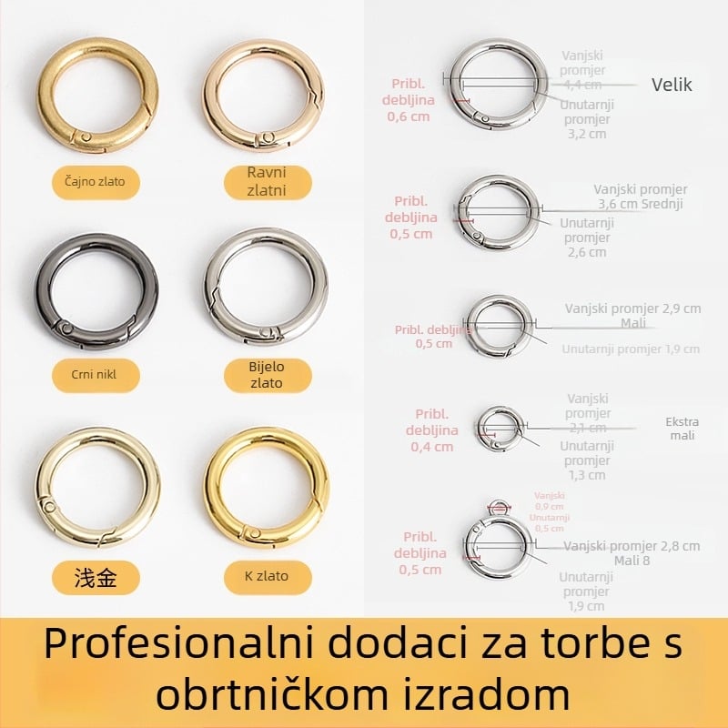 Metalni pribor za torbe: prsteni, kopče, karabine, opružni prsteni, spojni prsteni