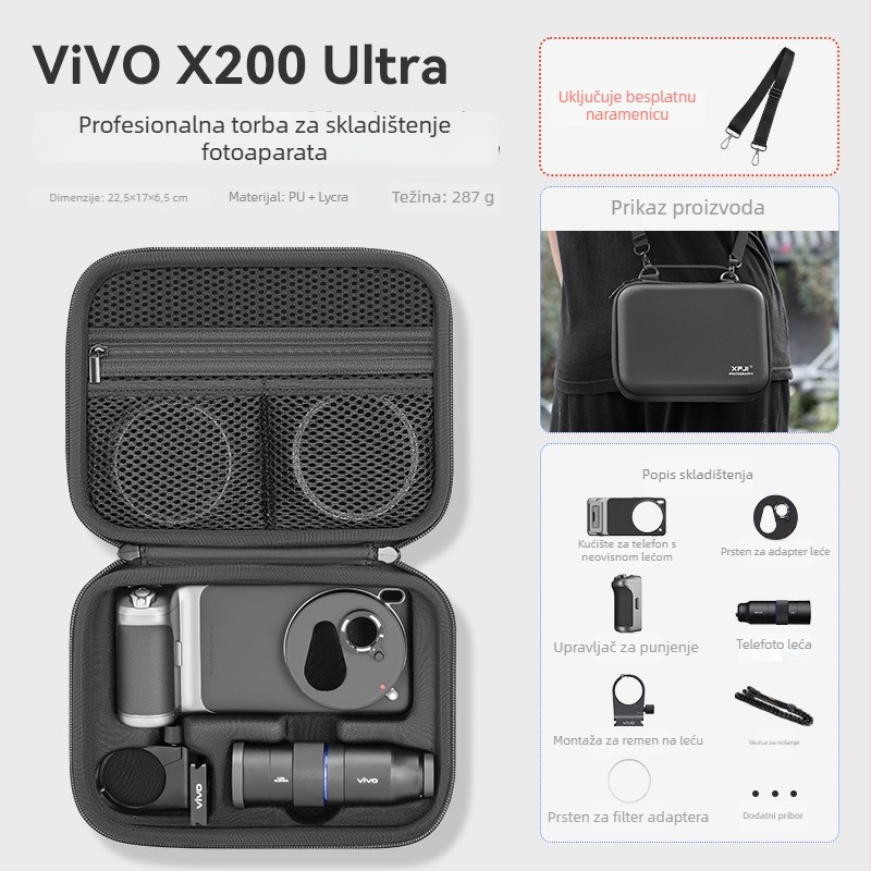 XFJI PU Kamera torba Crossbody za Vivo X200 Ultra Fotografskog seta s Lycra podlogom, zakrivljene naramenice, Unisex, proljeće 2025