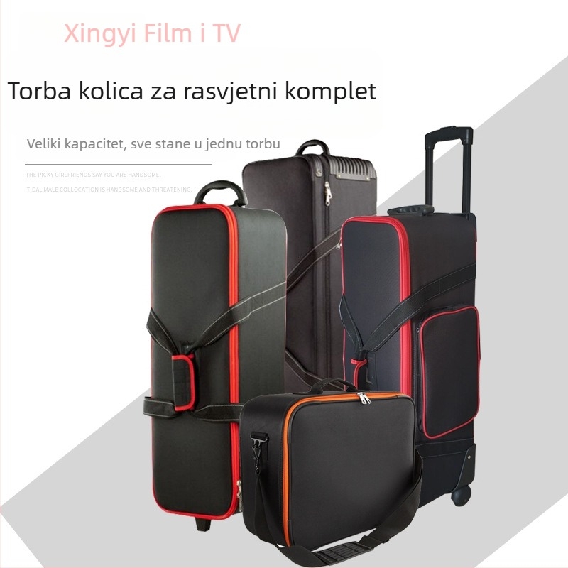 Set opreme za fotografiju na kolima: kovčeg s dvostrukim kotačima, torba za bljeskalicu i vanjski stalak za pozadinu