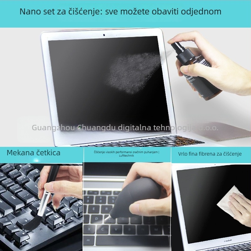 Set za čišćenje za notebook, mobitel i digitalnu kameru — Chuangdu cd-1122; sadržaj: deterdžent, krpa, četkica i zraka puhač; Godina izlaska: 2020