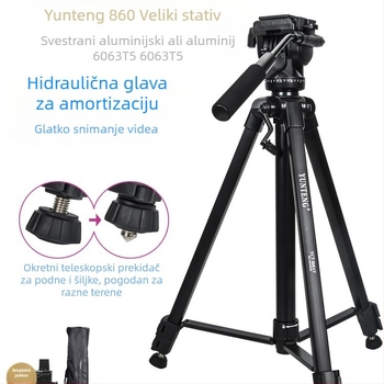 Stativ za kameru Yunteng VCT-860AV s hidraulikom glavom, 3-sekcijski aluminijski stativ, nosivost 4 kg, pločica za brzo otpuštanje