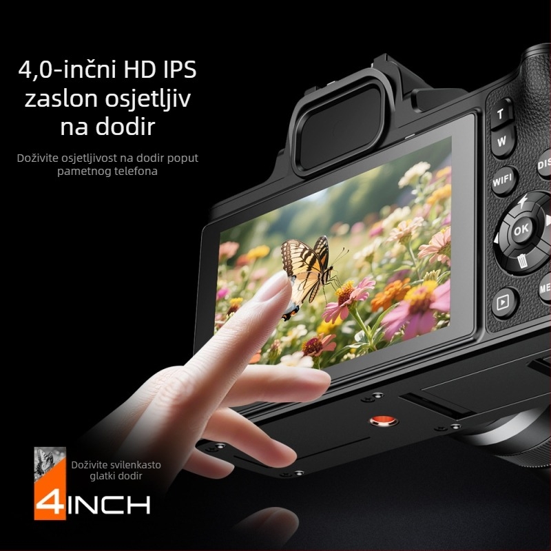 DELANDA D90 5K digitalna kamera s dodirnim zaslonom, retro SLR stil, 3,2-inčni LCD, fiksni objektiv, Wi-Fi