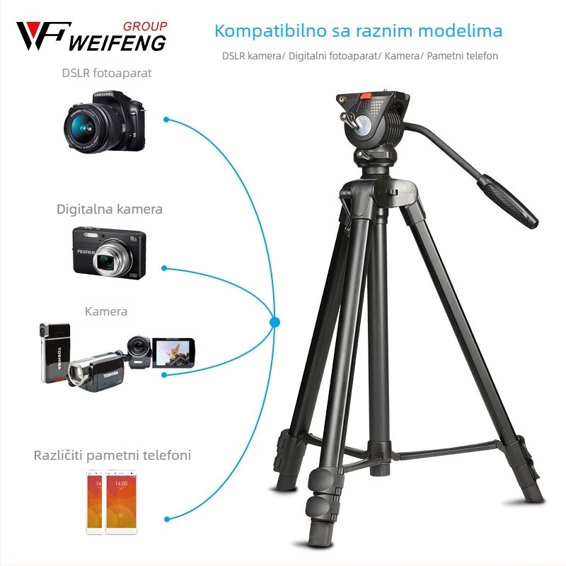 Weifeng WF-3308A stativ za DSLR s 3D PTZ glavom, aluminijska legura, 3-sekcijske noge, ploča za brzo oslobađanje, težina 2,16 kg