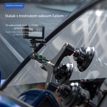 Trostrani držač s vakuumskom čašicom za DJI Action 5 Pro i druge akcijske kamere; Materijal: aluminijska legura + PC + PA66; Maksimalna nosivost: 6–10 kg; Težina: 0,58 kg