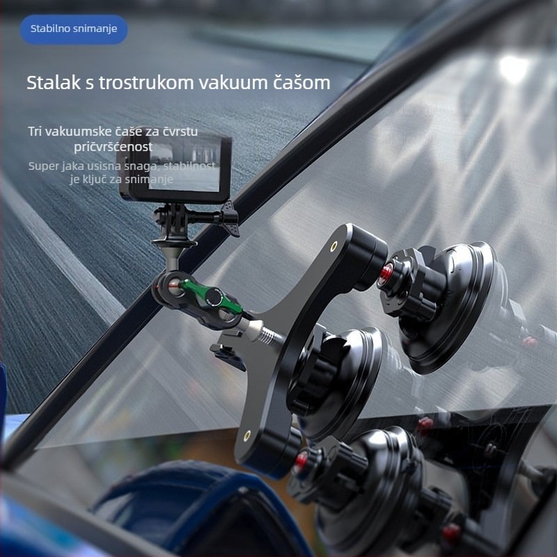 Trostrani držač s vakuumskom čašicom za DJI Action 5 Pro i druge akcijske kamere; Materijal: aluminijska legura + PC + PA66; Maksimalna nosivost: 6–10 kg; Težina: 0,58 kg
