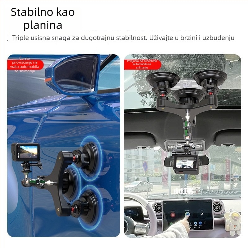 Trostrani držač s vakuumskom čašicom za DJI Action 5 Pro i druge akcijske kamere; Materijal: aluminijska legura + PC + PA66; Maksimalna nosivost: 6–10 kg; Težina: 0,58 kg
