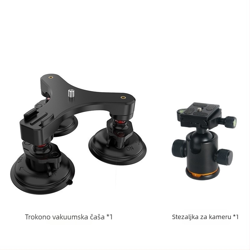 Trostrani držač s vakuumskom čašicom za DJI Action 5 Pro i druge akcijske kamere; Materijal: aluminijska legura + PC + PA66; Maksimalna nosivost: 6–10 kg; Težina: 0,58 kg