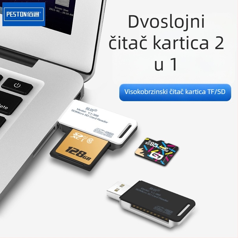 PESTON USB 2.0 2-u-1 čitač kartica za microSD/TF, model Bai Tong Yi Jin YJ-368 • vanjska montaža • podrška TF/microSD • težina 0.3