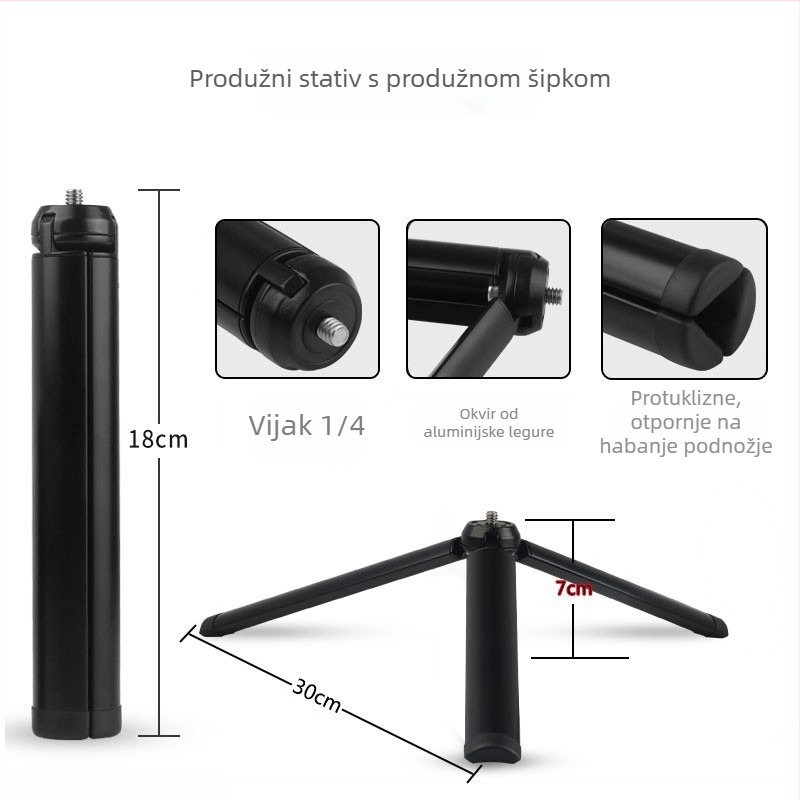 Stativ za DSLR i pametne telefone — LST-PRO, konstrukcija od aluminijske legure, nosivost 2–5 kg, kompatibilan s fotoaparatima i pametnim telefonima, težina 100 g