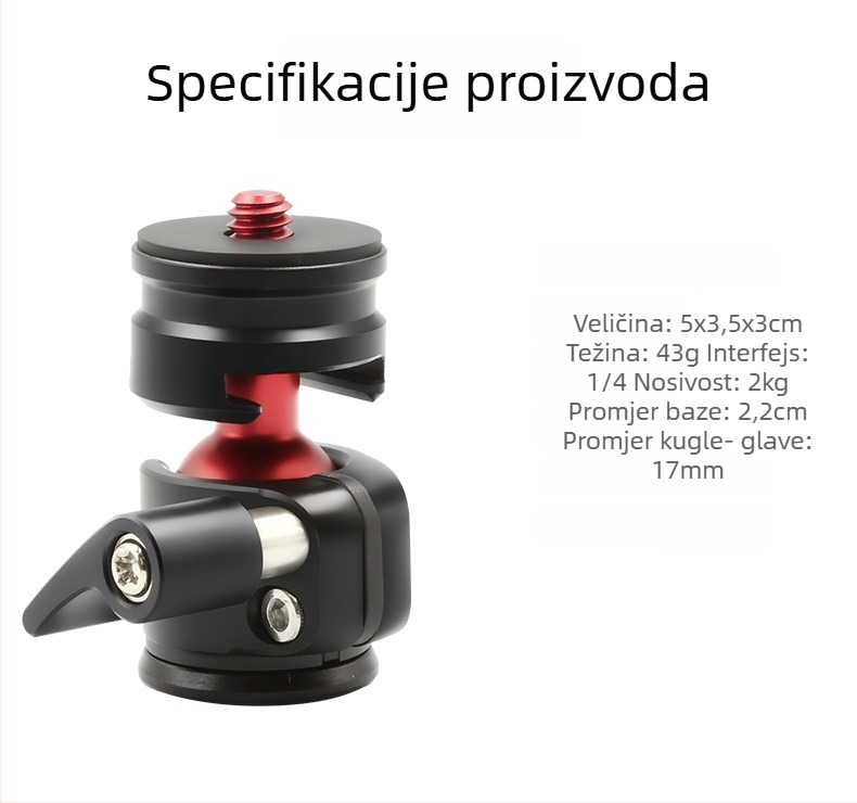 Mini kuglasta glava za stativ od aluminijske legure, 360° vodoravna rotacija i 90° okomita nagiba, navoj 1/4-inch, težina 34 g