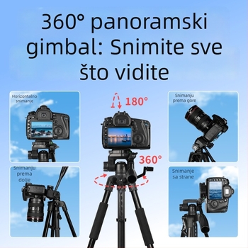 360° kamera stativ od aluminijske legure s 3D gimbalom za DSLR/MILC i pametni telefon – 4 sekcije, opterećenje 2–5 kg, ploča za brzo oslobađanje