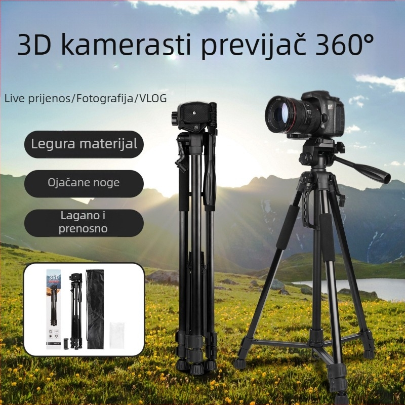 360° kamera stativ od aluminijske legure s 3D gimbalom za DSLR/MILC i pametni telefon – 4 sekcije, opterećenje 2–5 kg, ploča za brzo oslobađanje