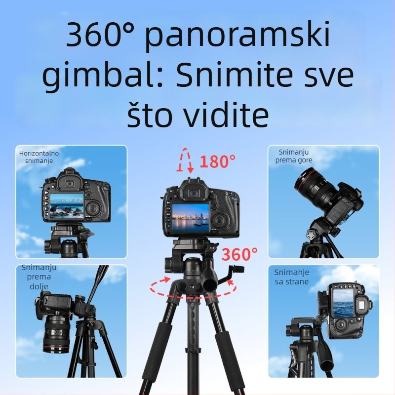 360° kamera stativ od aluminijske legure s 3D gimbalom za DSLR/MILC i pametni telefon – 4 sekcije, opterećenje 2–5 kg, ploča za brzo oslobađanje