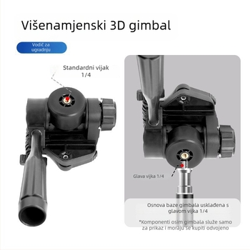 Držač za telefon s 3D gimbalom i plocom brzog otpuštanja – Panoramski stabilizator za univerzalni stativ, montaža 1/4" ili 6 mm, plastično kućište, 180° horizontalno / 90° vertikalno okretanje, 360° okretanje, 270 g
