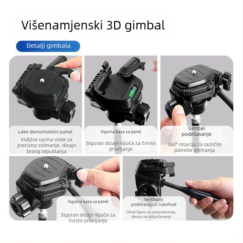 Držač za telefon s 3D gimbalom i plocom brzog otpuštanja – Panoramski stabilizator za univerzalni stativ, montaža 1/4" ili 6 mm, plastično kućište, 180° horizontalno / 90° vertikalno okretanje, 360° okretanje, 270 g