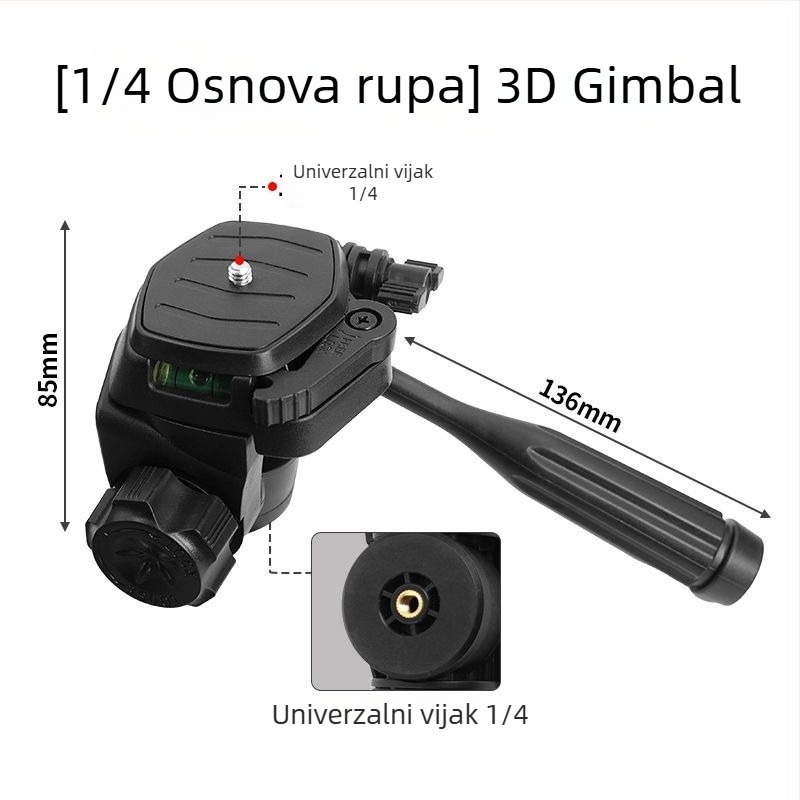 Držač za telefon s 3D gimbalom i plocom brzog otpuštanja – Panoramski stabilizator za univerzalni stativ, montaža 1/4" ili 6 mm, plastično kućište, 180° horizontalno / 90° vertikalno okretanje, 360° okretanje, 270 g