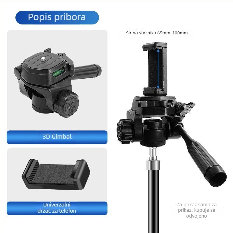 Držač za telefon s 3D gimbalom i plocom brzog otpuštanja – Panoramski stabilizator za univerzalni stativ, montaža 1/4" ili 6 mm, plastično kućište, 180° horizontalno / 90° vertikalno okretanje, 360° okretanje, 270 g