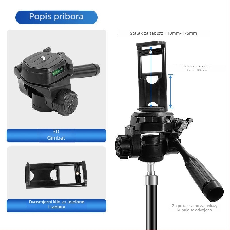 Držač za telefon s 3D gimbalom i plocom brzog otpuštanja – Panoramski stabilizator za univerzalni stativ, montaža 1/4" ili 6 mm, plastično kućište, 180° horizontalno / 90° vertikalno okretanje, 360° okretanje, 270 g