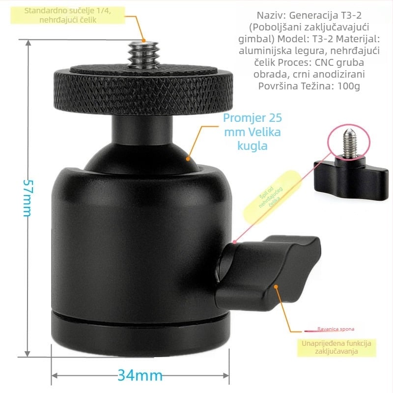 CRWJ Mini gimbal stativ za DSLR i bez ogledala i projektor – navoj 1/4-20 ili 3/8-20, aluminijska legura + nehrđajući čelik, horizontalno 360°, vertikalno 90°, težina 100 g