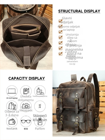 Muški kožni ruksak, Vintage Crazy Horse, vrhunska kravlja koža, 20–35L, 16-inčni prijenosnik, otporan na habanje, zakrivljene naramenice