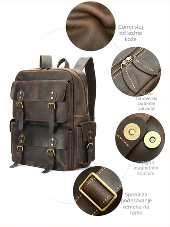 Muški kožni ruksak, Vintage Crazy Horse, vrhunska kravlja koža, 20–35L, 16-inčni prijenosnik, otporan na habanje, zakrivljene naramenice
