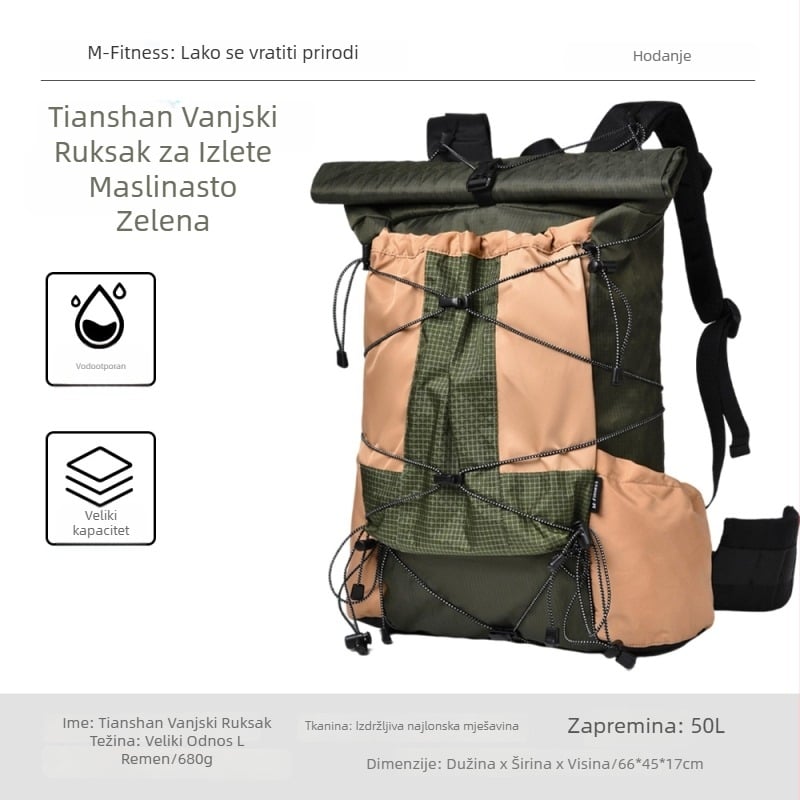 Ruksak za planinarenje, lagan, najlon materijal, vodootporan, velika zapremina, unisex, sustav jastuka na ramenima