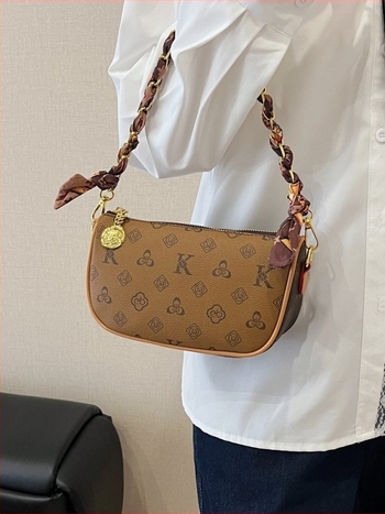 Torba preko ramena s lancem, gradski stil (PU materijal; horizontalni kvadratni oblik; zatvarač; skriveni džep sa zatvaračem; poliester podstava)