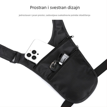 Putna anti‑krađa torbica oko pojasa s džepom za putovnicu i telefon, najlon materijal, zatvarač, unutarnji sloj, džepovi za mobitel i osobnu iskaznicu